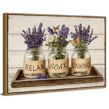 Imagem de Arte de parede lavanda flor roxa tela de banheiro quadros emoldurados rústico casa de fazenda borboleta vaso pintura país relaxar, molhar, desenrolar, cartazes, arte country para banheiro, spa