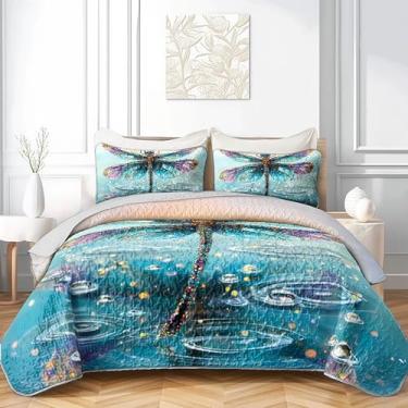 Imagem de AILONEN Lindo conjunto de colcha de libélula tamanho Queen, 3 peças, arte abstrata de diamante, colcha macia com 2 fronhas, capa de cama para crianças, meninas e mulheres