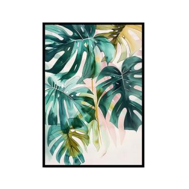 Imagem de Arte de parede de folhas tropicais – Impressão de folha de palmeira verde aquarela, pôster Monstera, decoração de plantas tropicais modernas para sala de estar em casa (SKU1,20,3 x 30,5 cm = (20 x 30