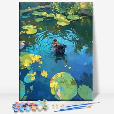 Imagem de HUINORYA Water Lily Pug Pug Tela emoldurada DIY Kit de pintura por números bar café caverna sala de casa parede banheiro varanda pátio decoração presente, 40,6 x 30,5 cm