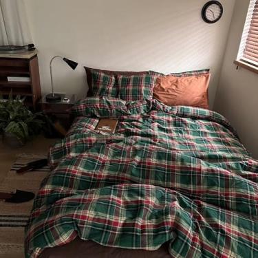 Imagem de MKXI Conjunto de capa de edredom xadrez vintage búfalo 3 peças | Roupa de cama reversível 100% algodão lavado, verde/vermelho, tamanho casal com zíper e laços nos cantos, casa de fazenda e design