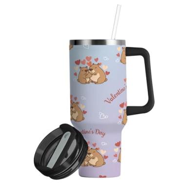 Imagem de ATTX Copo para casais capivara de 850 g com alça, copo de aço inoxidável a vácuo de parede dupla com palha, caneca de café de viagem isolada #393