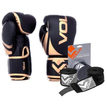 Imagem de Kit Boxe Vollo Luva 12oz Dourada + Bandagem 3M Preta MuayThai