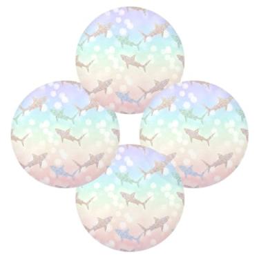 Imagem de Wassud Jogo americano conjunto de 4 tapetes redondos de tubarões com glitter para cozinha e jantar tapetes laváveis resistentes ao calor para decoração de mesa 39 cm
