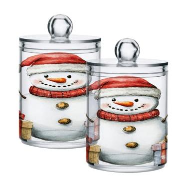 Imagem de xigua Pacote com 2 suportes para bonecos de neve de Natal para bolas de algodão, cotonete – Frasco de plástico de boticário transparente e versátil para armazenamento de maquiagem de banheiro
