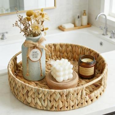 Imagem de Suptinwear Bandeja redonda de jacinto de água com alças embutidas, cesta de vime tecida à mão para café da manhã, café, chá, lanches e frutas, organizador de armazenamento decorativo, 33 cm