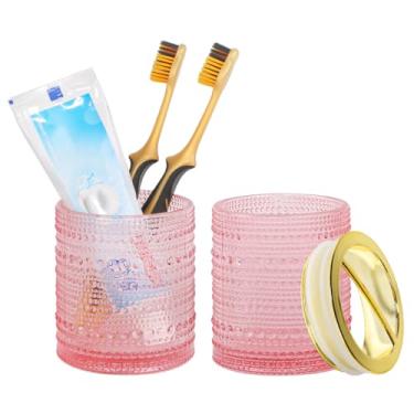 Imagem de Tonxus Suportes de escova de dentes rosa, conjunto de 2 peças de suporte de escova de dentes de vidro, copo de copo de banheiro de 293 ml, suporte de escova de dente dourado organizador de copos de