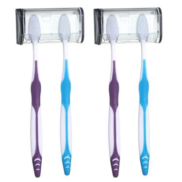 Imagem de Suporte de escova de dentes com tampa, 2 peças de suportes de escova montados na parede para banheiro organizador de escova de dentes elétrico para chuveiro, 2 compartimentos, suporte de escova de