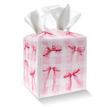Imagem de Suporte para caixa de lenços - arcos rosa quadriculado capa de caixa de lenços de couro PU com cinto inferior, organizador de papel facial quadrado para mesa, banheiro, cozinha, carro e escritório