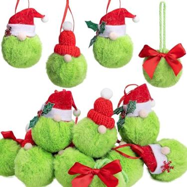 Imagem de Deloky 12 peças de enfeites de bola de Natal peluda verde limão, enfeites de bola fofa verde com laço e chapéu vermelhos, bolas de pompom de pele sintética macia, decoração de árvore de Natal para