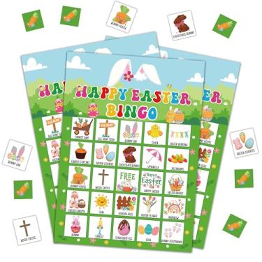 Imagem de DRWJPAT Jogo de bingo de Páscoa, jogos de festa de Páscoa felizes para adultos, cartões de jogo de bingo de coelho fofo para atividades de amigos em família em grupo grande, suprimentos de decoração