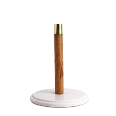 Imagem de Dreamy Walls Suporte de toalha de papel, base de mármore, topo de latão, armário de madeira e banheiro - rolo de papel de papel, suporte de papel de embrulho e alumínio, organizador de cozinha