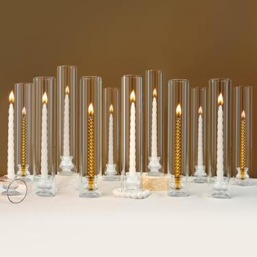 Imagem de Conjunto de 12 castiçais de vidro Hurricane com base de castiçais cônicos transparentes - OWLREX 35,5 cm de altura Castiçais cônicos de vidro transparente com à prova de vento para mesa de casamento
