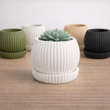 Imagem de Vaso Decorativo para Suculentas com Prato e Drenagem Cachepô Moderno para Plantas Pequenas Design Canelado Ideal para Sala e Escritório (Verde Oliva)