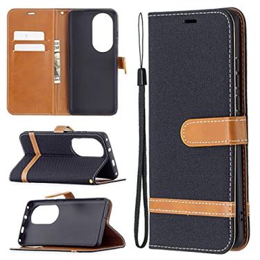 Imagem de YUNCHAO Caixa de telefone Para Huawei P50 Pro Color Matching Denim Texture Horizontal Flip Capa de Couro Com Holder & Cart Slots & Carteira e Cordão capa para celular