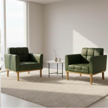 Imagem de Poltrona Sala Decorativa Kit 2 Elisa Base Madeira Castanho Sintético PU Verde D03 - D'Rossi