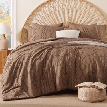 Imagem de AMBERSPACE Conjunto de edredom casal, marrom, tufado, boêmio, casa de fazenda, 7 peças, cama em um saco com lençóis, fronhas e fronhas