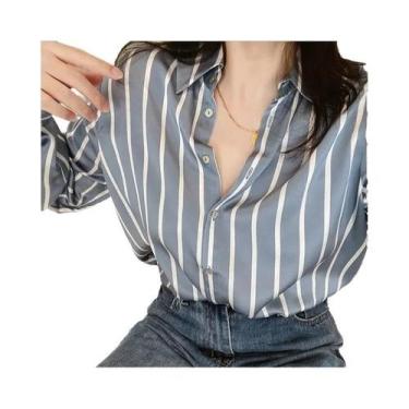 Imagem de Blusa Feminina Vintage De Cetim Listrada De Manga Longa, Camisa Casual