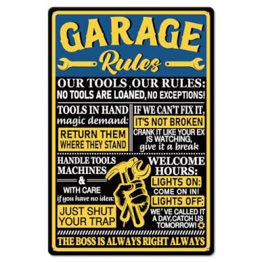 Imagem de GLOBLELAND Placa de estanho "Garage Rules" para garagem, placa de metal em lata, chave inglesa, placa vintage de metal, 30,5 x 20 cm, decoração de parede engraçada para decoração de casa, bar