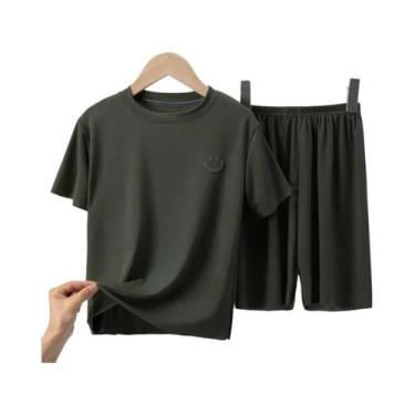 Imagem de Pijamas De Seda Para Crianças, Conjunto De Verão Com Manga Curta E Cal
