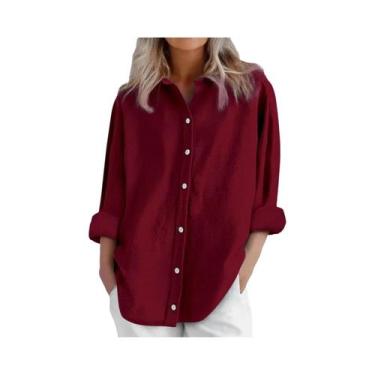 Imagem de Camisa Casual Feminina De Algodão E Linho Manga Longa Cor Sólida Com B