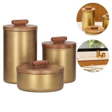 Imagem de Conjunto 3 Potes Dourados Em Metal Com Tampa De Madeira Design Moderno