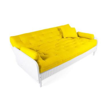 Imagem de Sofá Cama Paris Ripado Branco Sarja Amarelo Madeira Nobre