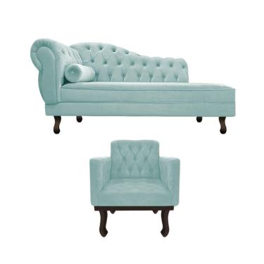 Imagem de Kit Diva Recamier Diana 120cm Lado Direito E 1 Poltrona Classic Suede - Amarena Móveis Cor Azul Tiffany