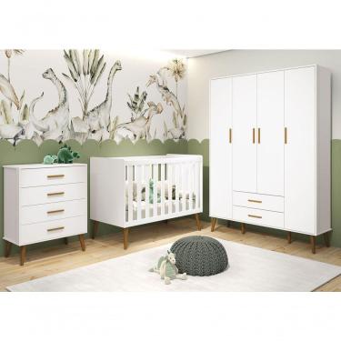 Imagem de Jogo De Quarto Retrô Para Bebê Completo 4 Portas Isis Branco Fosco - Moveisaqui