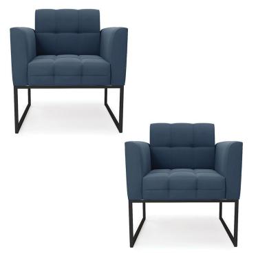 Imagem de Kit 2 Poltronas Elisa Suede Base Metálica Industrial Preto - D'rossi Cor Azul Marinho