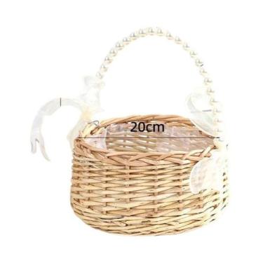 Imagem de Cesta De Vime Marrom Com Alça De Pérolas E Laço, Feita À Mão, Para Flo