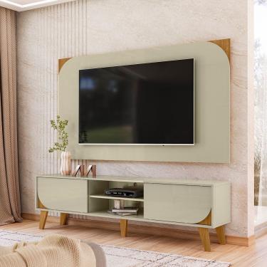 Imagem de Kit Rack Bancada E Painel Duna 2 Portas Deslizantes Cumaru E Opala Pés De Madeira - Pallazio