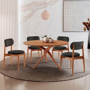 Imagem de Sala De Jantar Mesa Ballare 120cm Tampo Redondo 4 Cadeiras Linho Preto/imbuia Nat/cinam. Imbuia