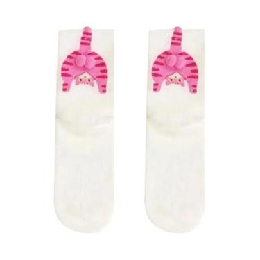 Imagem de Meias De Algodão De Cano Médio Com Design 3D De Gato De Desenho Animad
