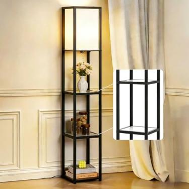 Imagem de MITELSON Luminária De Chão Com Prateleiras, Luminária De Prateleira Moderna Com Lâmpada Led, Prateleira De Canto Com Luz, Luminárias De Pé Com Prateleiras De Vidro Para Sala De Estar, Quarto, Escrit