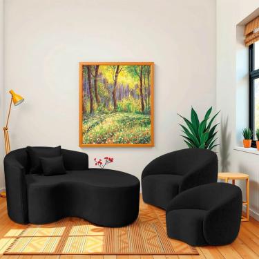 Imagem de Kit Recamier Curvo Sala De Estar Inglaterra 150cm Lado Direito E 2 Poltronas Orgânica Luxo Amore Linho Preto