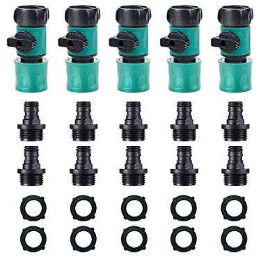 Imagem de JUSONEY válvula de desativação da mangueira – conectores de mangueira de jardim, 5 peças de válvula de mangueira com conector rápido + 10 peças de arruelas de borracha + 10 peças de adaptador de mangueira macho de conexão rápida, fio padrão 3/4"
