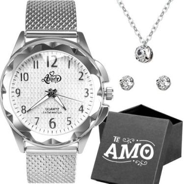 Imagem de Relogio Feminino Aço Inox Prata + Pulseira + Colar + Caixa Strass Moda