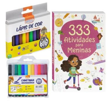 Imagem de Kit Atividades Infantil Meninas Livro + Canetinha + Lápis de Cor - BRW