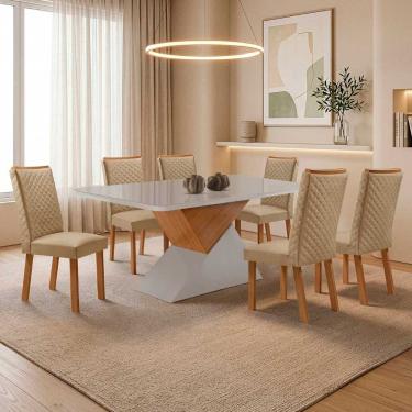 Imagem de Conjunto de Jantar Aster 6 Lugares Tampo MDF com Vidro Serigrafado Canto Copo Off White 180CM Moderna