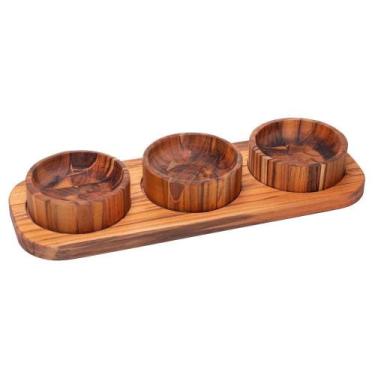 Imagem de Petisqueira em Madeira Teca Marrom com 3 Bowls para Servir Petiscos e 