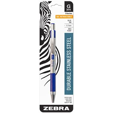 Imagem de Zebra Pen G-301 Caneta de tinta de gel retrátil, barril de aço inoxidável, ponta média, 0,7 mm, tinta azul, pacote com 1