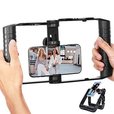 Imagem de Movo SPR-20 Gaiola de plataforma de vídeo para smartphone dobrável com suportes de sapata fria para microfone ou luz LED - Suporte para vlogging compatível com iPhone, Android - Punho estabilizador de vídeo para smartphone - Equipamento de filmagem