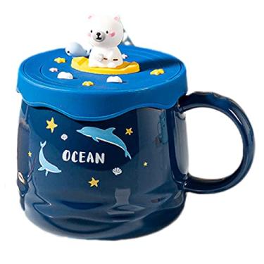 Imagem de seelucky Caneca Seaworld com tampa urso polar caneca de cerâmica infantil caneca de leite de desenho animado xícara de café Dophine xícara de chá presente de aniversário (urso oceano dofina)