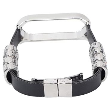 Imagem de Alça de pulso de couro retrô, relógio à prova de suor alças de couro substituindo estilo retrô fácil de usar Sinta-se confortável resistência descolorida para Mi Band 5/6 NFC preto e prata