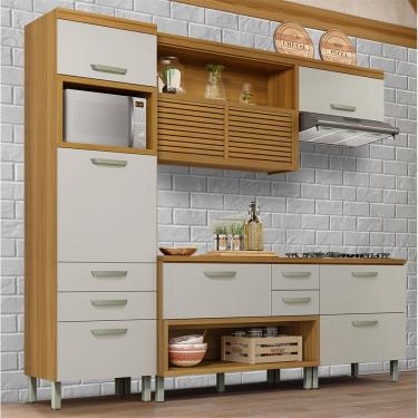 Imagem de Cozinha Completa em MDF Nesher Princesa com 6 Portas 6 Gavetas e 12 Prateleiras - Freijo/Offwhite 264cm