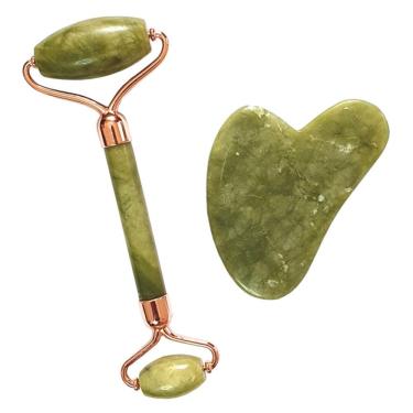 Imagem de Rolo de Pedra Natural de Jade Massageador Facial Galvanizado + Placa Gua Sha Coração