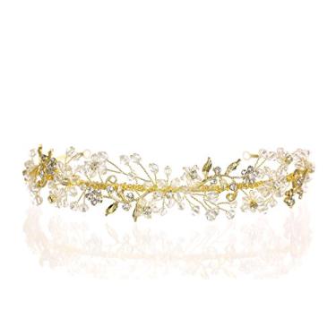 Imagem de Tiara de tiara para noiva com folha de flor feita à mão, Clear crystal gold plated