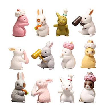 Imagem de HanYoer 12 peças adoráveis de coelhos, personagens de animais, brinquedo, decoração de bolo de jardim, topo de bolo