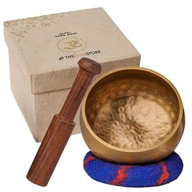 Imagem de Ohm Store Conjunto de tigelas tibetanas para cantar — Tigela de banho com som de meditação e bastão de madeira com caixa de presente Lokta — Instrumento Nepalês martelado à mão para ioga, cura de